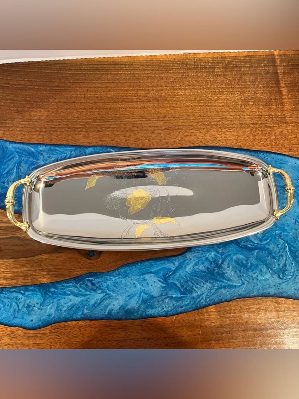 Inox 18/10 Serving Tray 15 1/2" with Gold Etched Flowers Made in Italy
